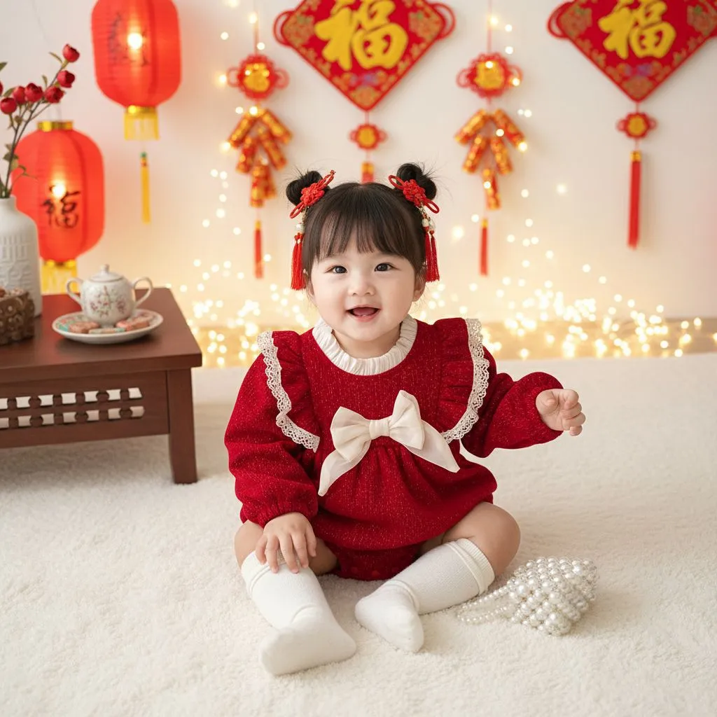 Baby Girls Fleece Lined Red Romper Sweet Princess Bowknot Long Sleeve Bodysuit Infant Winter Clothing