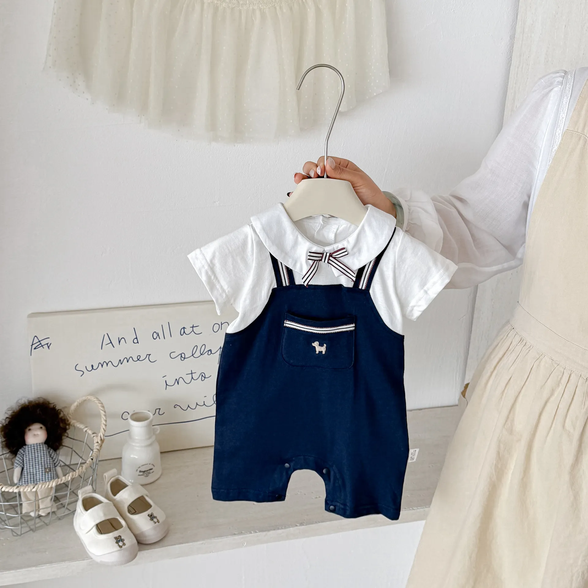 Baby Boy Summer Cotton Romper Cute Puppy Embroidery Short Sleeve Patchwork Bodysuit Infant Newborn Clothes