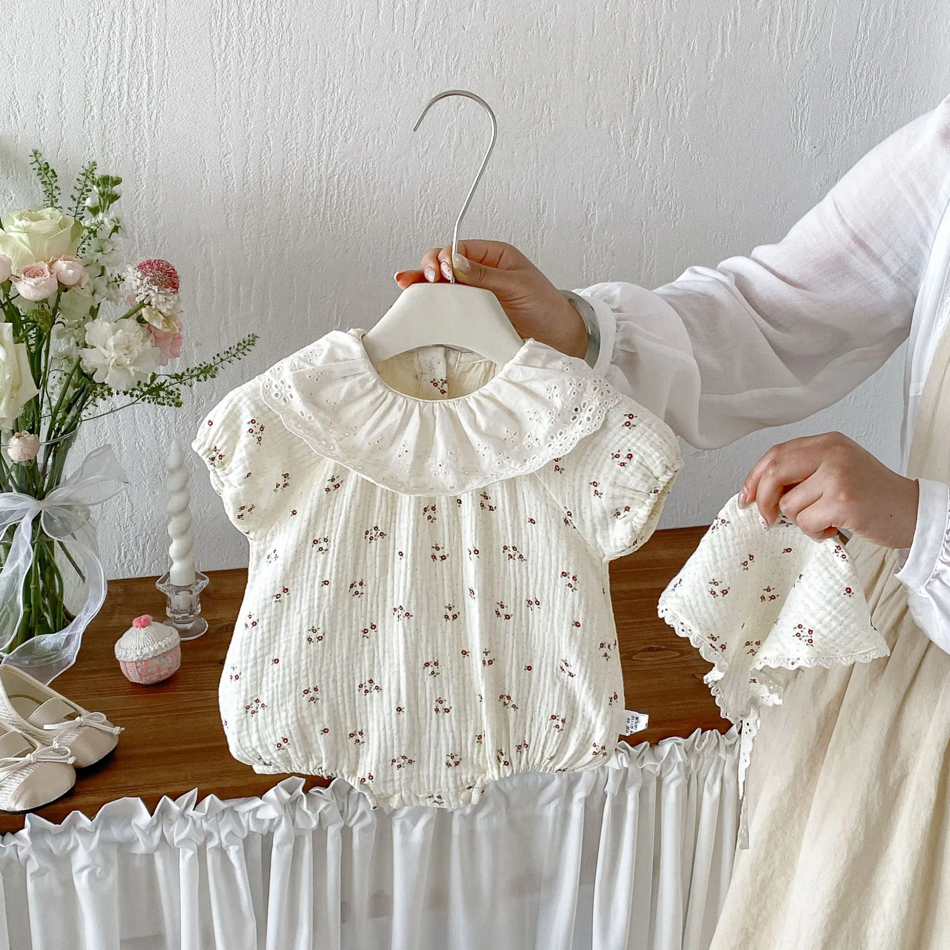 Infant Baby Girls Summer Cotton Floral Romper Sweet Lace Turn Down Collar Short Sleeve Bodysuit Newborn Outfit