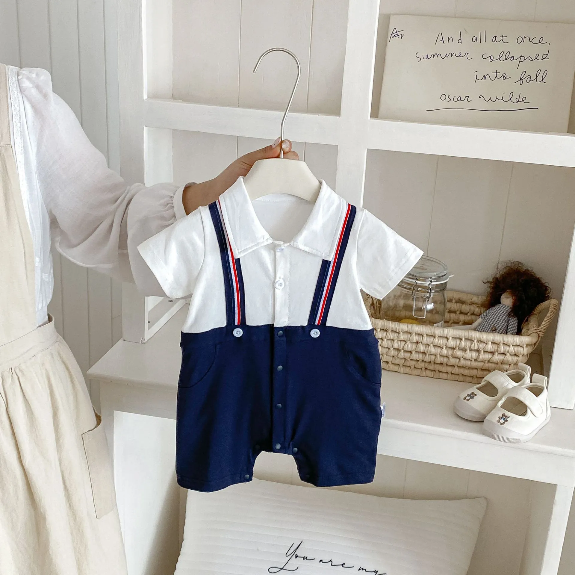 Säugling Baby Junge Gentleman Kurzarm Strampler Sommer Baumwollmischung Farbblock Falsche Hosenträger Jumpsuit Outfits