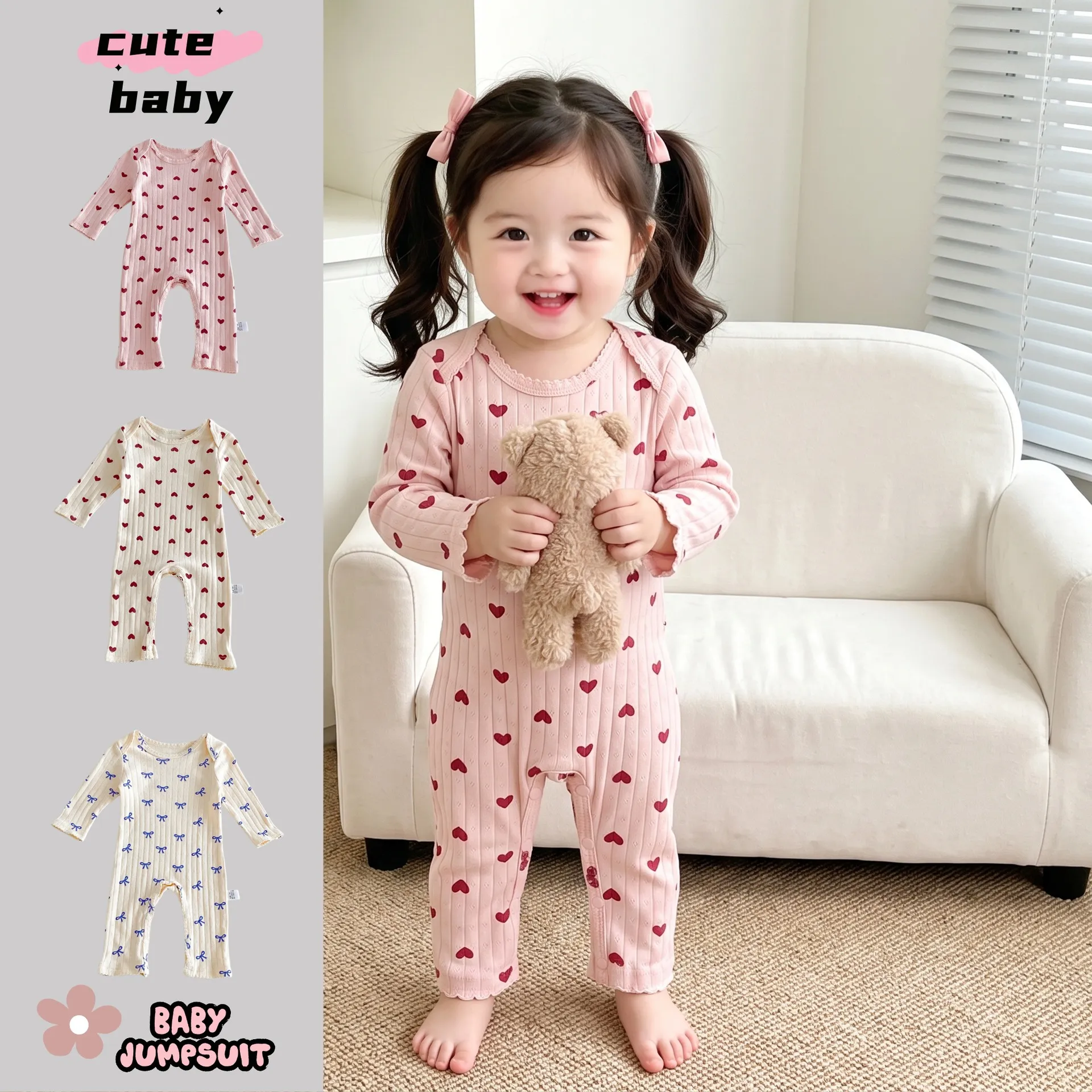 Infant Baby Girls Long Sleeve Romper 100% Cotton Cute Heart Bow Print Newborn Bodysuit Fall Winter Children Clothing