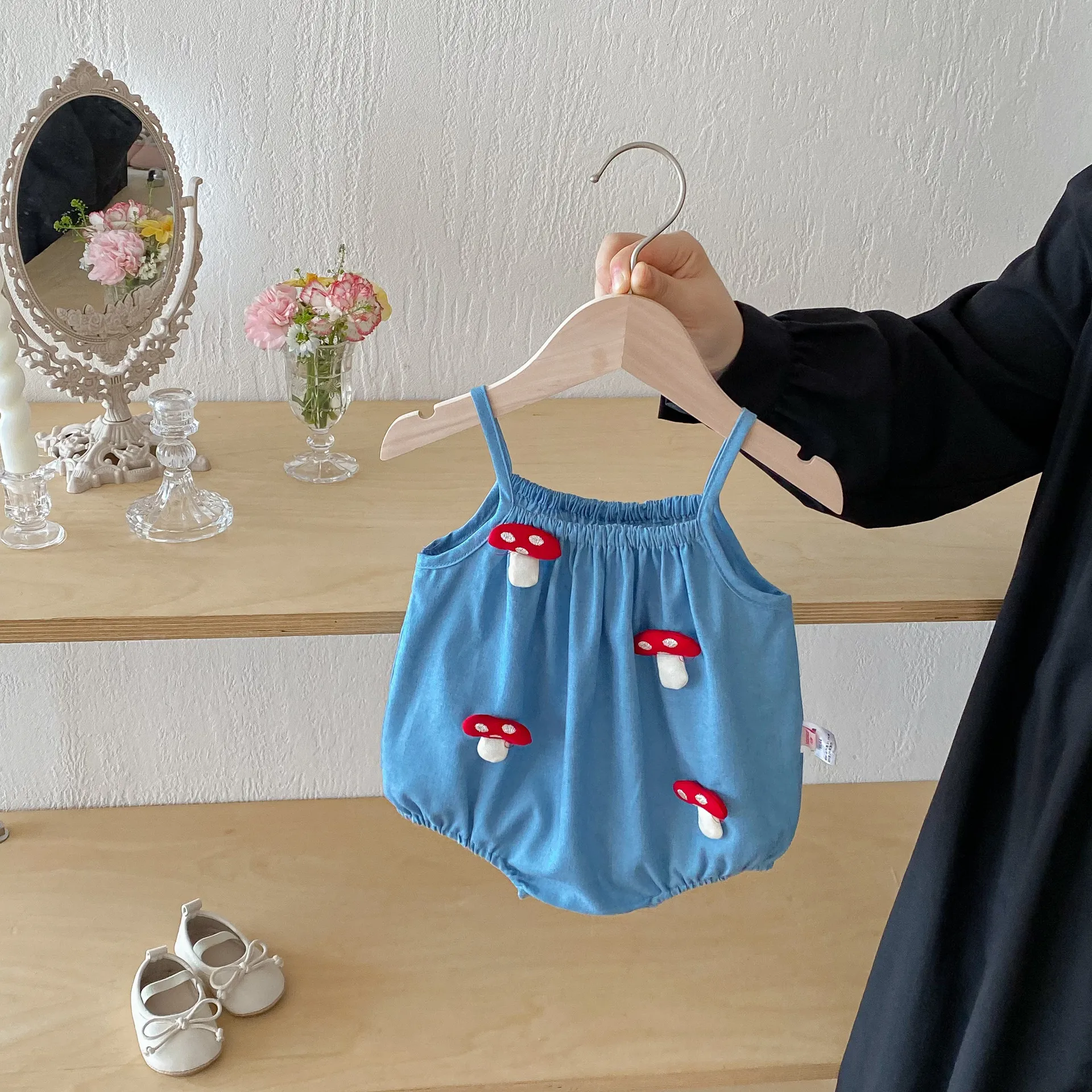 Mameluco de Verano para Recién Nacido Niña Mezcla de Algodón Lindo Champiñón 3D Tirantes Body Bebé Casual Sin Mangas Ropa