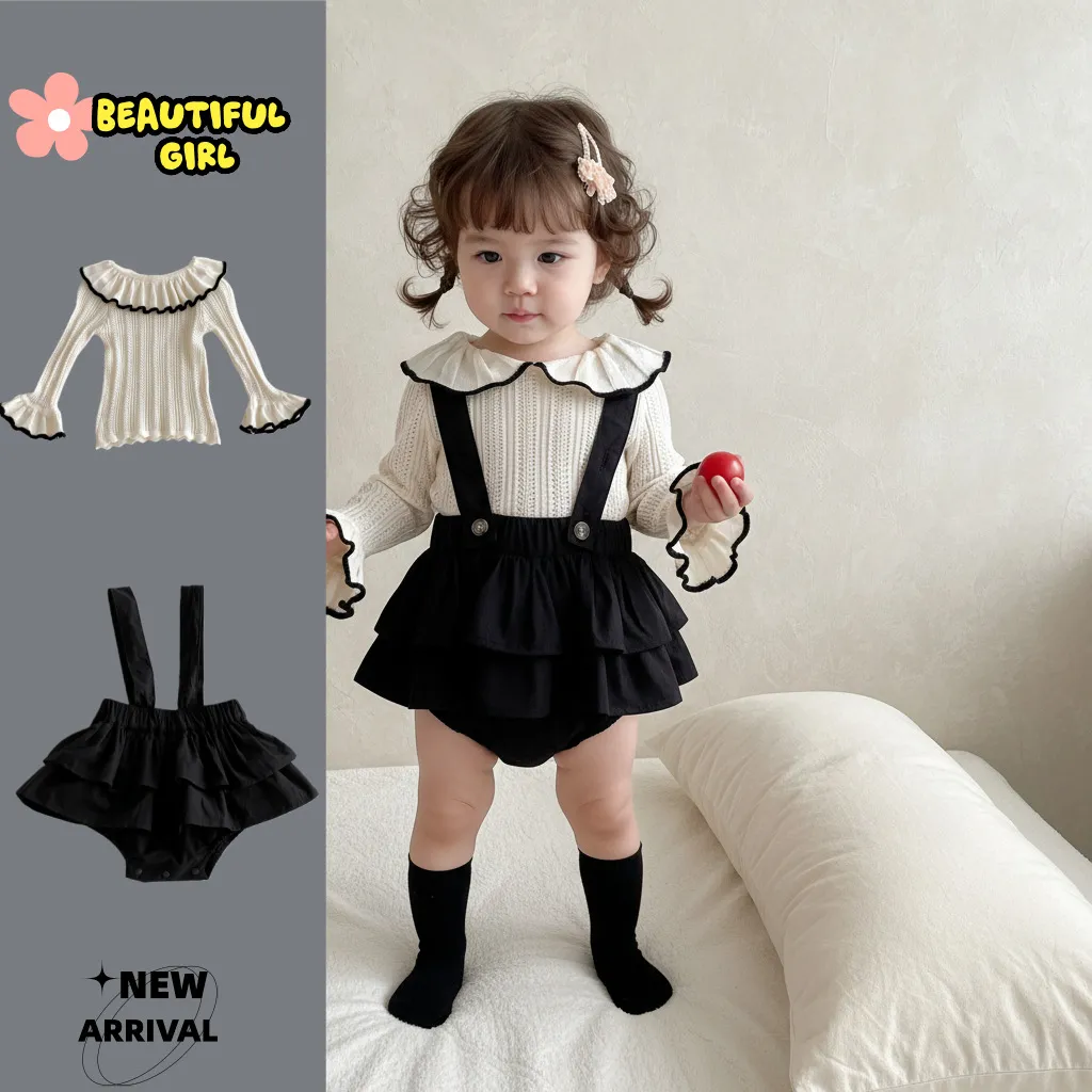 Baby Mädchen Herbst Winter Gestrickter Puppenkragen Langarm Top Und Trägershorts Set Kleinkind Süße Kleidung