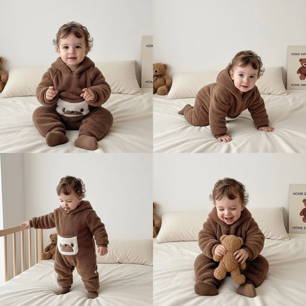 Infant Baby Hooded Warm Romper Cute Bear Design Fleece Winter Long Sleeve Jumpsuit Newborn Boy Girl Outwear Clothing