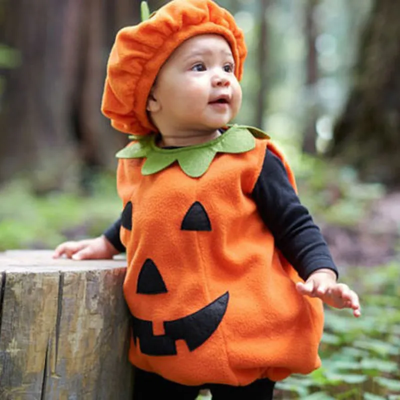 Infant Baby Halloween Pumpkin Costume Romper Hat Shoes Set Newborn Cute Sleeveless Bodysuit Holiday Party Outfit