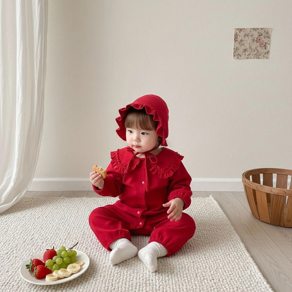 Nourrisson Bébé Fille Coton Grenouillère Manches Longues Combinaison Princesse Avec Joli Col Volant Et Chapeau Assorti Vêtements De Printemps