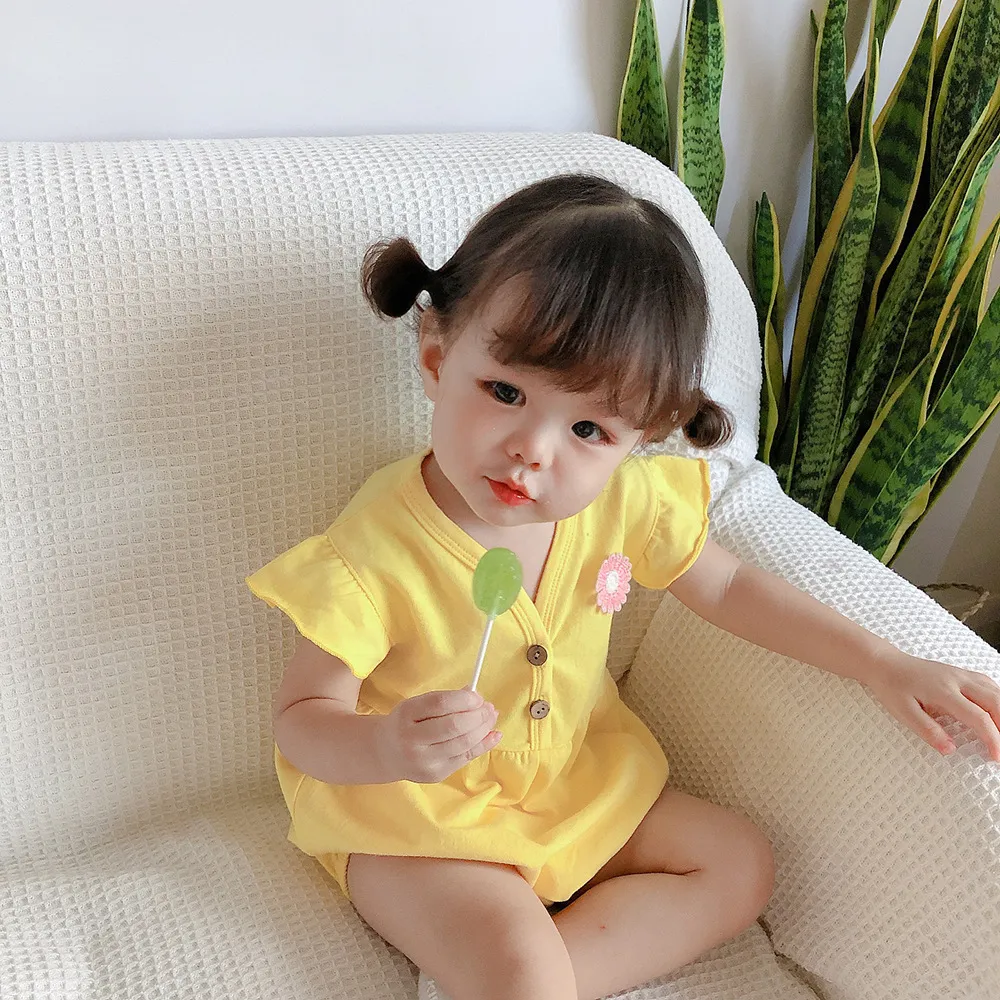 Bebé Niña Mameluco Verano Pura Algodón Manga Corta Cuello en V Manga Volante Lindo Bordado de Margarita Body Ropa de Bebé Recién Nacido