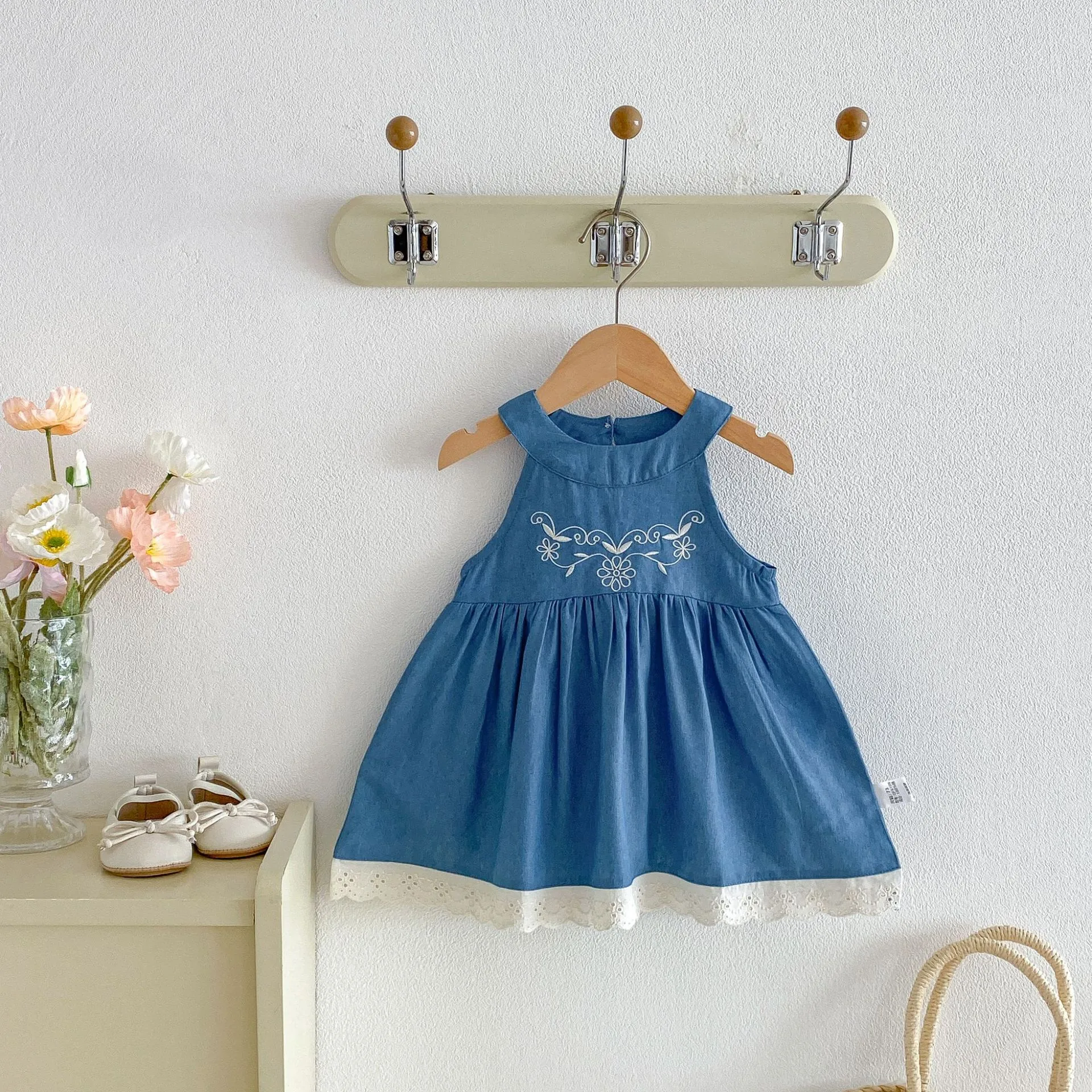 Meisjes Zomer Mouwloos Denim Bloemen Geborduurd Jurk Prinses Zoet Casual Feest Outfit