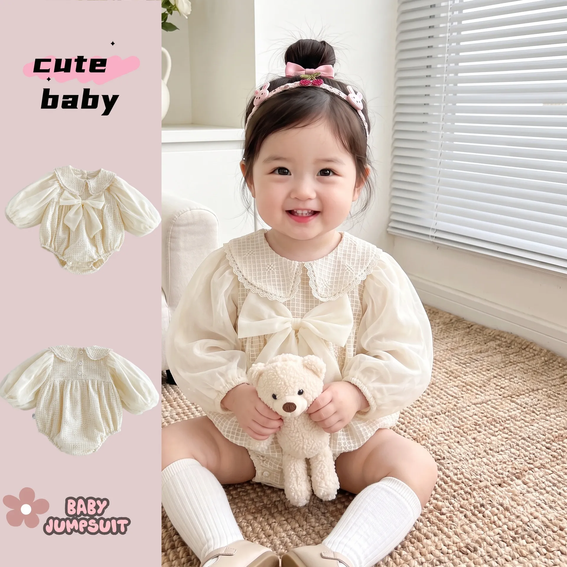 Mameluco de Manga Larga para Bebé Niña Dulce Cuello Bobo Encaje Malla Princesa Recién Nacido Bebé Enterito Ropa de Otoño