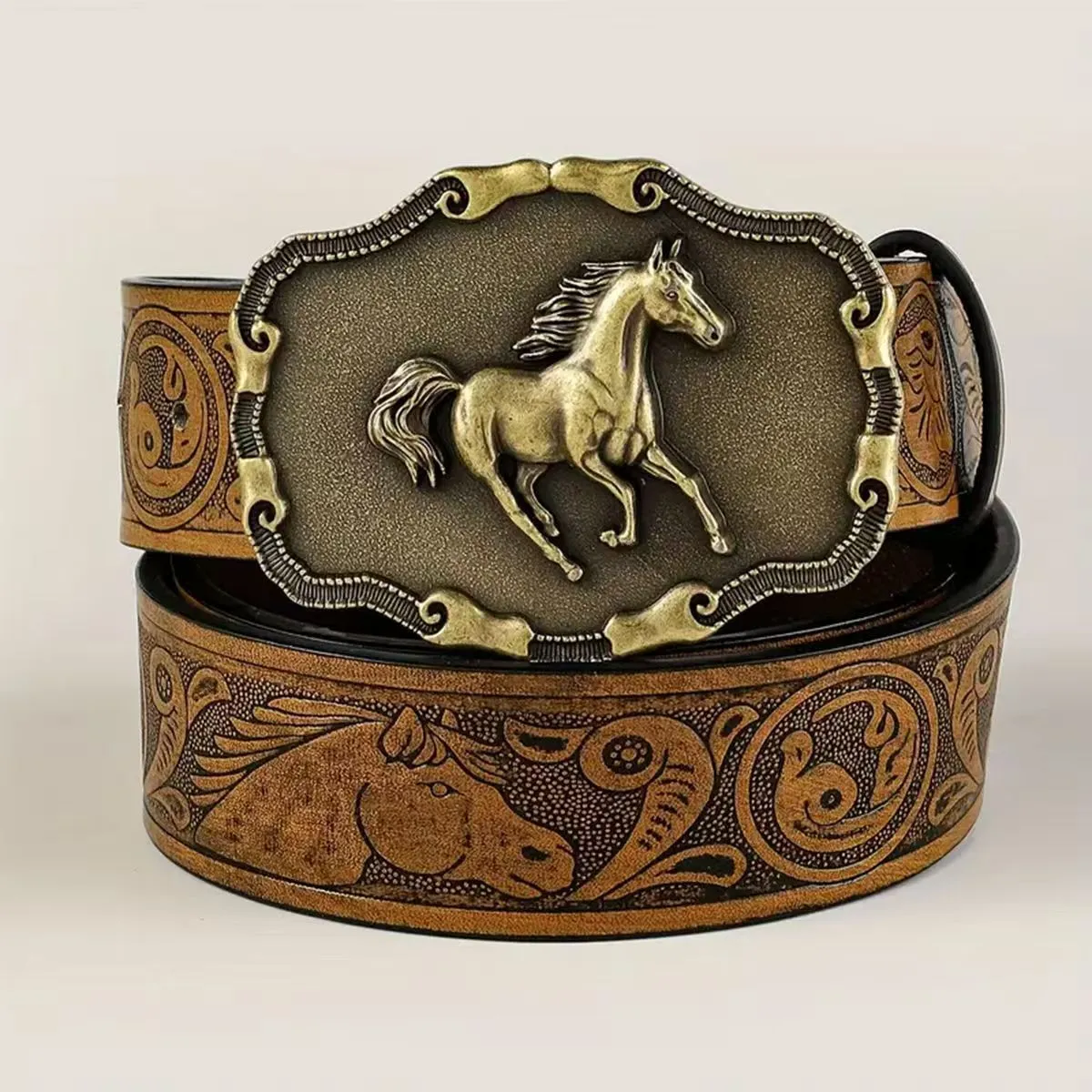 Vintage Heren PU Leren Riem Westerse Cowboy Stijl Brons Paard Plaat Gesp In Relief Casual Mode Tailleband
