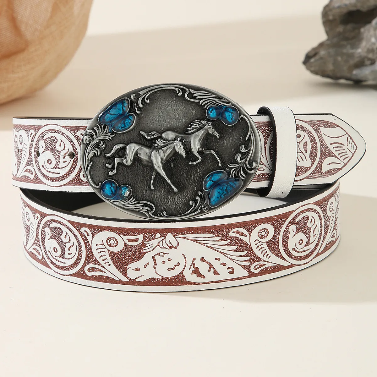Western Cowboy Style Men Belt Vintage Embossed PU Leather Strap With Silver Alloy Double Horse Large Plate Buckle Casual Fashion