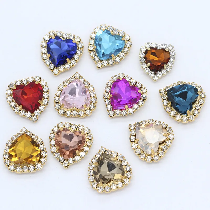 Herz Strass zum Aufnähen Kristalle Glasstrass Mit Goldener Metallkrallenkette Für Hochzeitskleid Schuhe Kleidung DIY