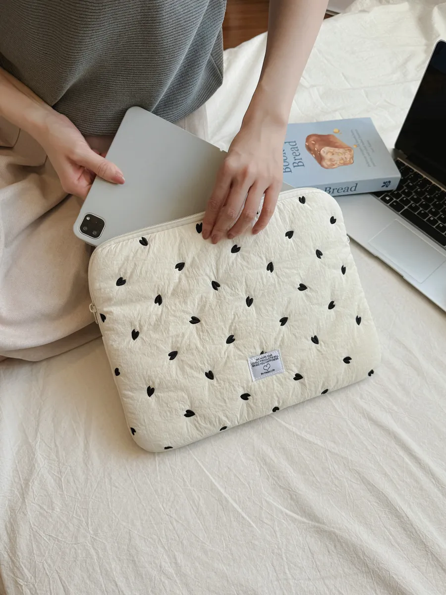 Koreanischer Stil Gesteppt Herz Stickerei Laptoptasche Tablet Innentasche Weiche Plüsch Tasche Tragbare Handtasche Für Damen