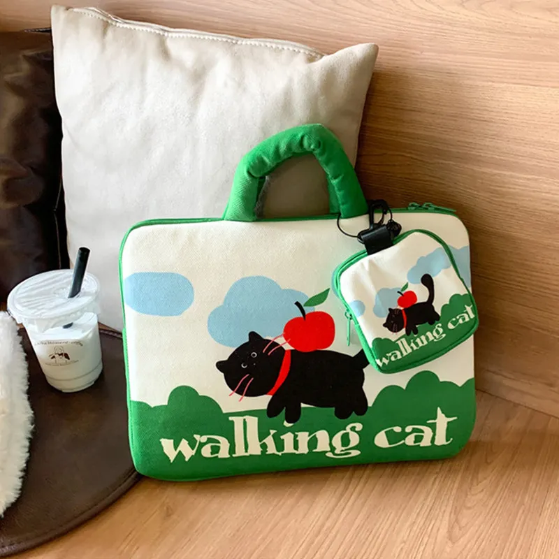 Cute Cartoon Cat Print Canvas Laptop Bag Tablet Pouch Unisex Daily Commute Storage Bag Polyester Laptop Sleeve Case