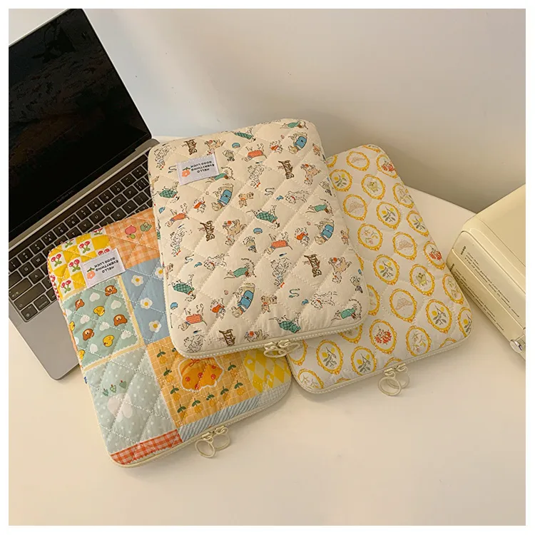 Koreanisch Süß Welpe Blumen Geometrisches Gitter Gesteppt Laptoptasche Tablet Hülle Weich Gepolstert Innentasche Tragbar Reißverschluss Aktentasche Für Damen Studenten