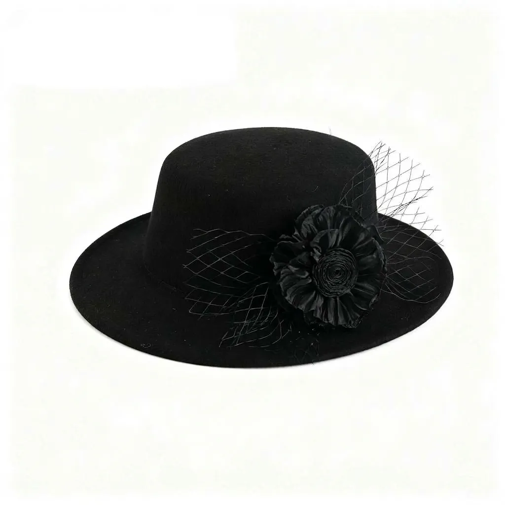 Hepburn Stil Wollstoff Boater Hut Damen Vintage Britischer Flachhut Mit Netzschleier Blume Dekoration Hochzeit Party Hut