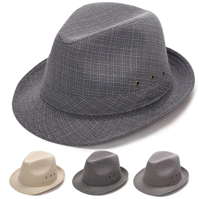 Herren Casual Sonnenschutz Fedora Hut Atmungsaktiv Leinenoptik Einfarbig Flache Krone Kurze Krempe Jazz Hut Mit Ösen