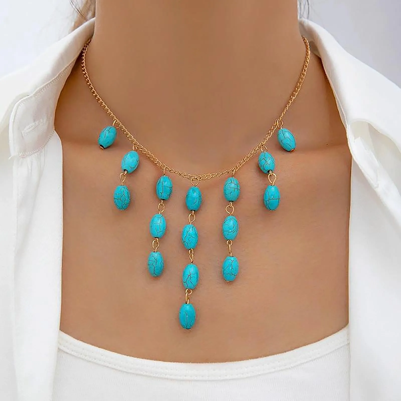 Vintage Turquoise Oval Pendant Necklace Bohemian Gold Alloy Fringed Choker Adjustable Layered Jewelry Gift For Women
