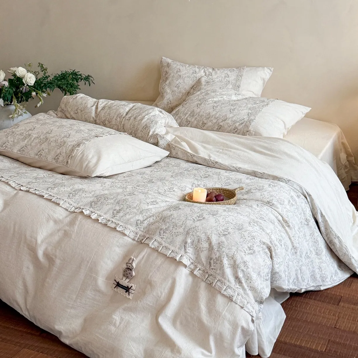Vintage Français Floral Coton Lin Literie Housse de Couette Volants Drap de Lit Taies d'Oreiller Maison Chambre