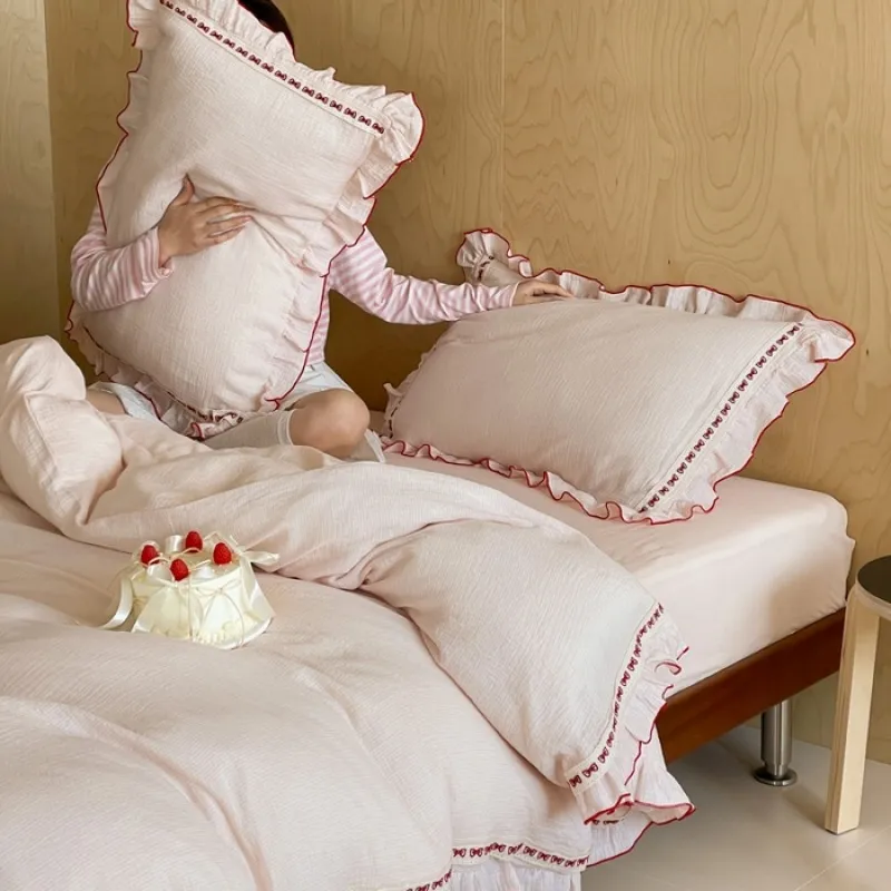 Estilo Princesa Lindo Lazo Volante Gasa de Algodón Arrugada Juego de Cama Funda Nórdica Sábana Fundas de Almohada