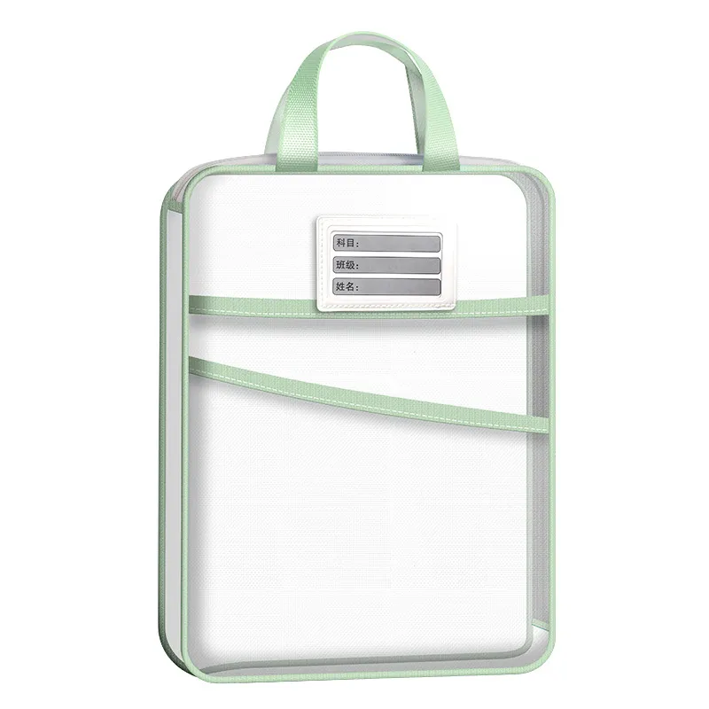 Transparent Mesh Zipper File Bag L Shaped Large Capacity Student Handbag Document Storage Bag With Subject Label Slot