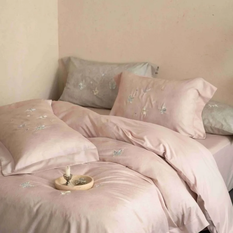 Parure de Lit en Coton Tencel Broderie Papillon Housse de Couette Drap Plat Taies d'Oreiller Style Fille pour Chambre