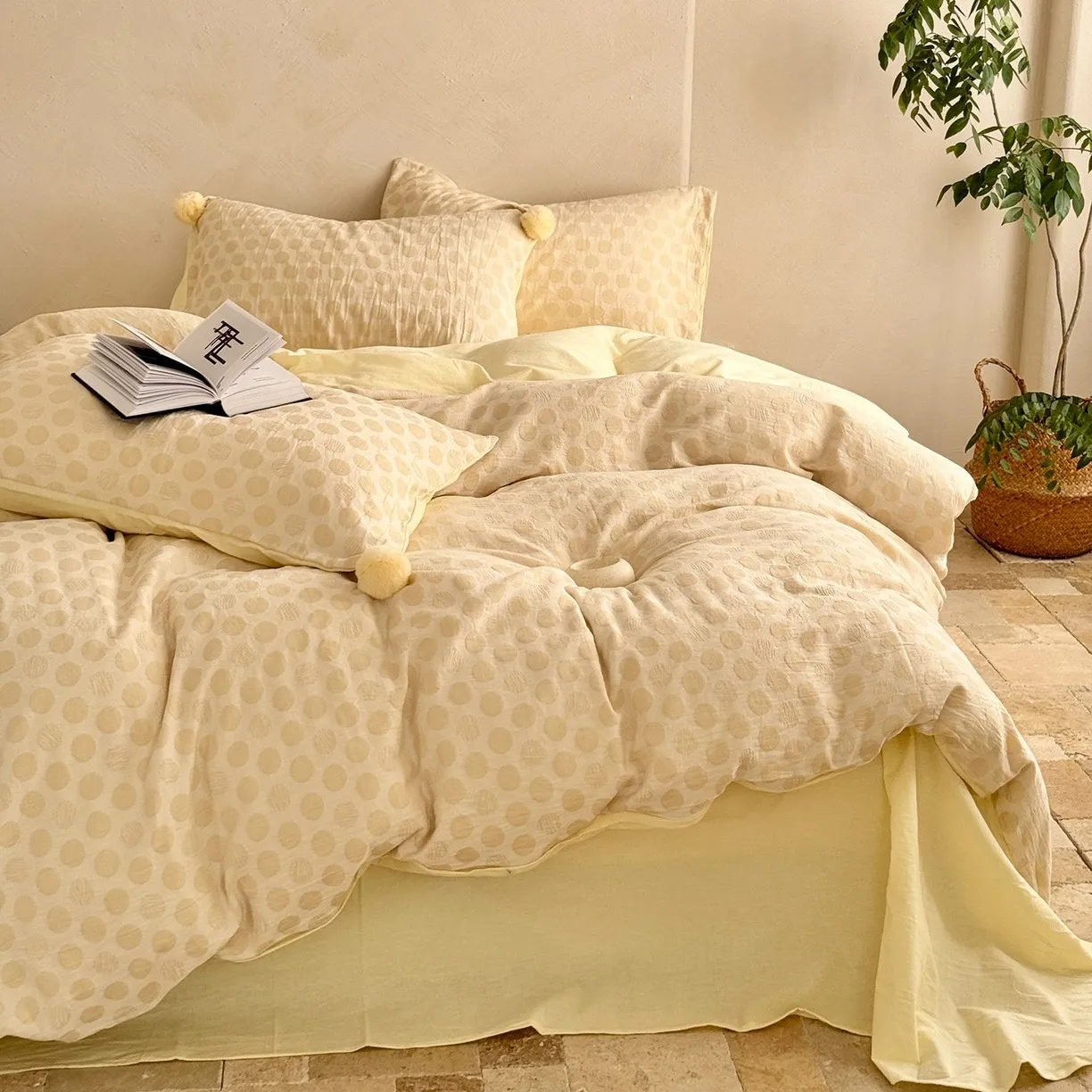 Juego de Cama de Jacquard Teñido en Hilo de Algodón Patrón de Lunares Redondos Minimalista Suave Transpirable Hogar Dormitorio Funda Nórdica Sábana Conjunto de Cuatro Piezas