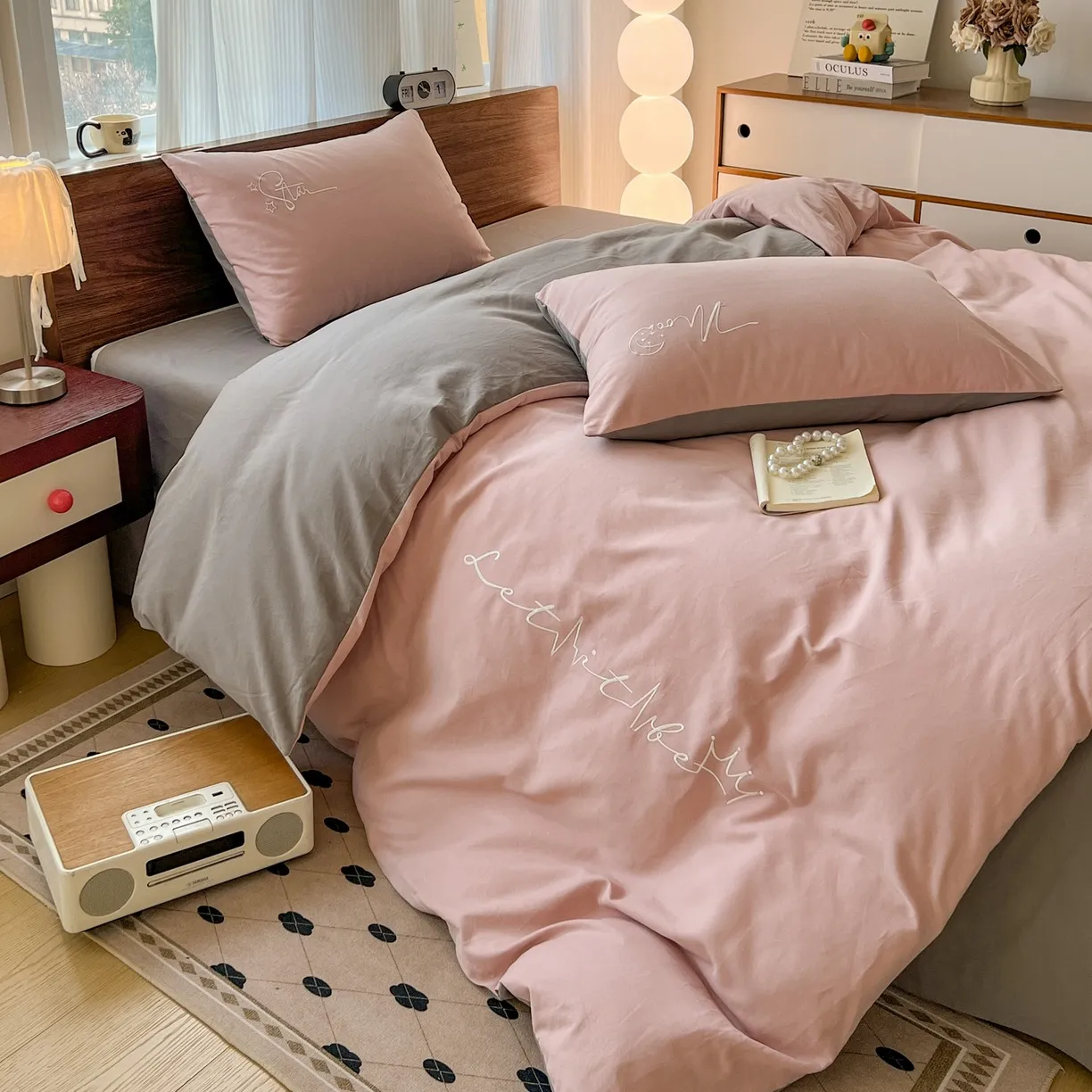Geborsteld Katoen Effen Kleur Geborduurd Beddengoed Set Scandinavische Stijl Zacht Laken Dekbedovertrek Kussenslopen Huishoudtextiel