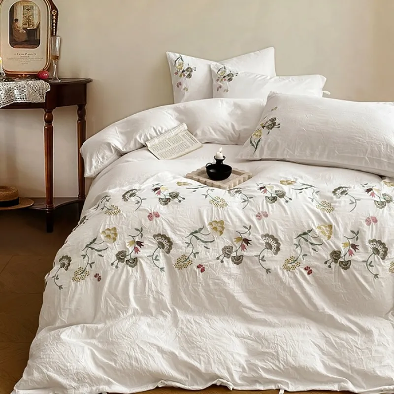 Style Français Pur Coton Coton Lavé Parure de Lit Broderie Florale Faite Main Housse de Couette Drap de Lit Linge de Maison Doux
