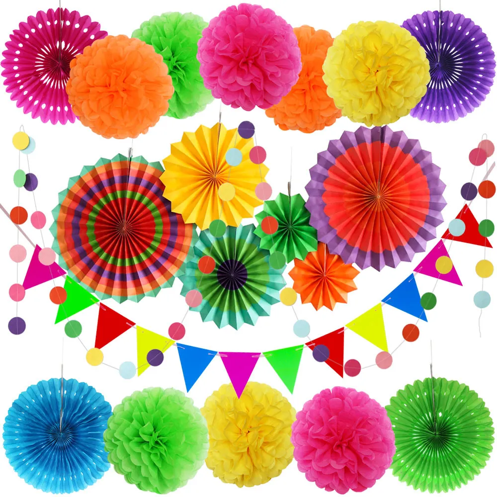Colorful Paper Fan Flowers Set Hanging Decorations For Birthday Party Wedding Kindergarten Opening Celebration Decor