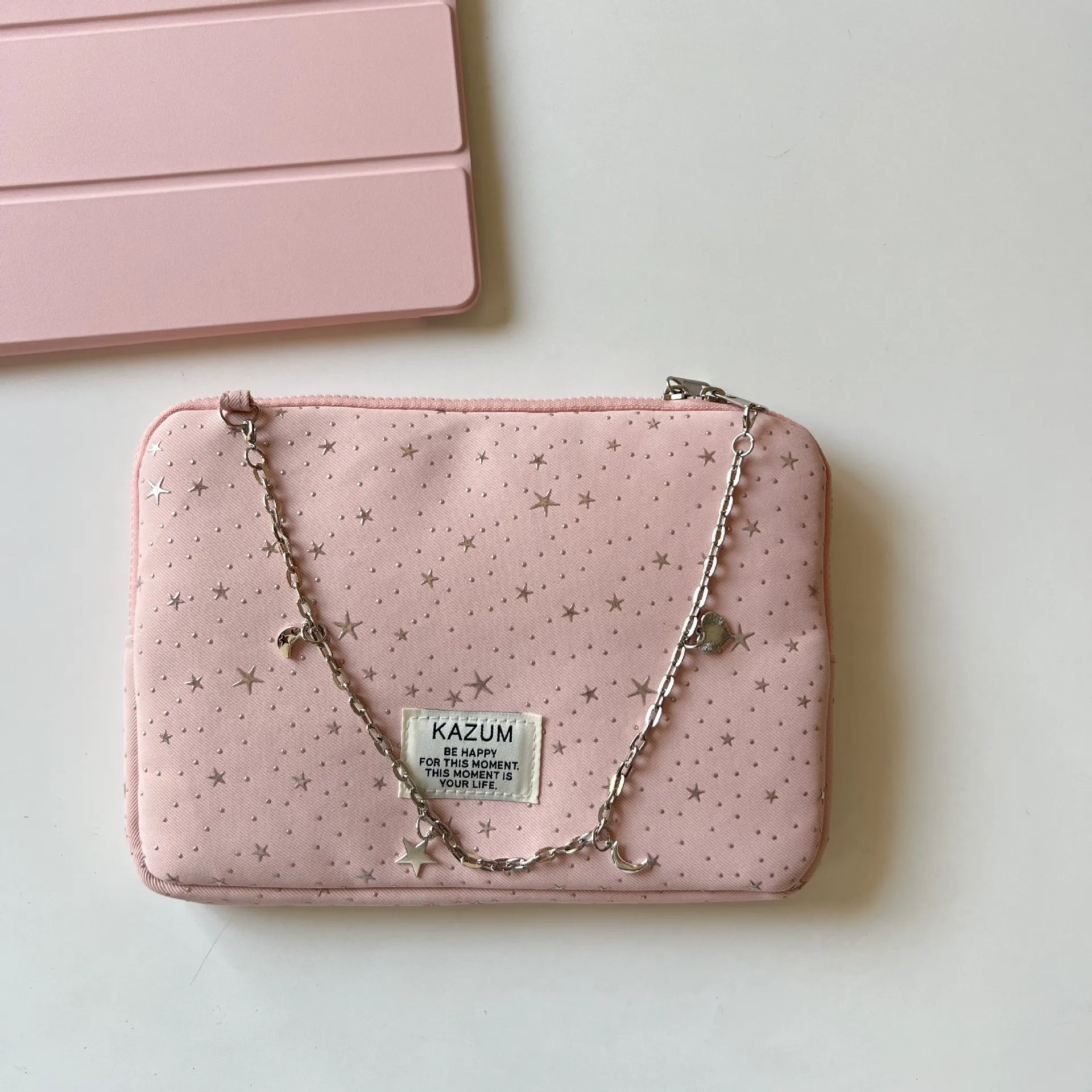 Women Cute Star Pattern Padded Laptop Sleeve Cotton Tablet Bag With Chain Sweet Style Travel Storage Case
