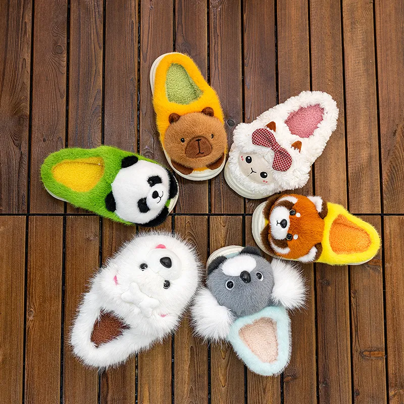 Leuke Cartoon Dier Katoenen Pantoffels Dikke Zool Pluche Warme Indoor Pantoffels Voor Winter Dames Heren Gezellig Schoenwerk