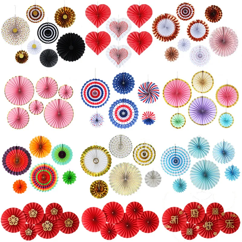 Handmade Paper Fan Flower Set Colorful Hanging Ornaments For Wedding Birthday Party Room Wall Background Decor