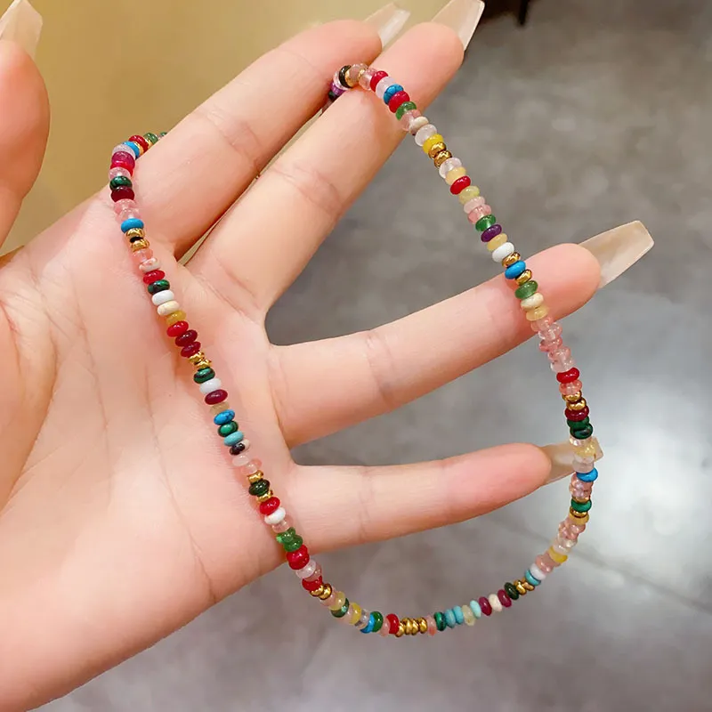 Bohemian Vintage Multicolor Stone Beaded Necklace For Women Elegant Gold Plated Copper Stainless Steel Chain Choker Necklace Jewelry Gift