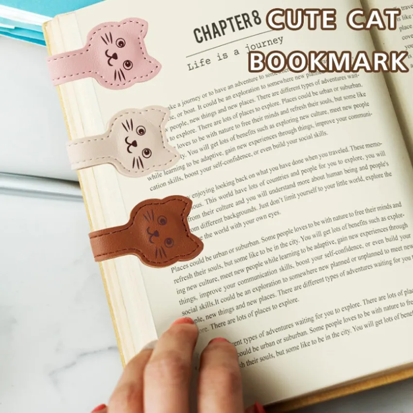 Cute Cat Magnetic Bookmark PU Leather Page Marker Reading Book Accessories For Students Office And School