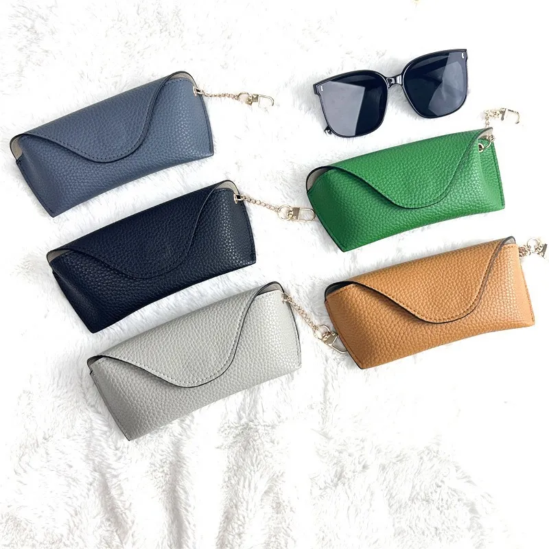 Minimalist PU Leather Glasses Case With Metal Chain Portable Sunglasses Storage Bag Travel Eyewear Pouch