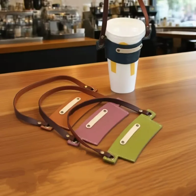 Fodera per Tazza in Pelle PU Color Block Creativa Con Manico Regolabile Portatile Portabicchieri