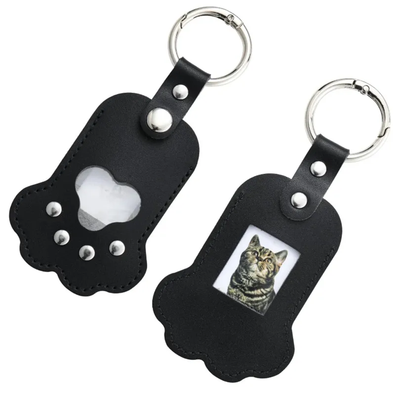 PU Leather Dog Paw Keychain Cute Pet Photo Holder Memorial Key Ring Portable Key Pendant Bag Charm