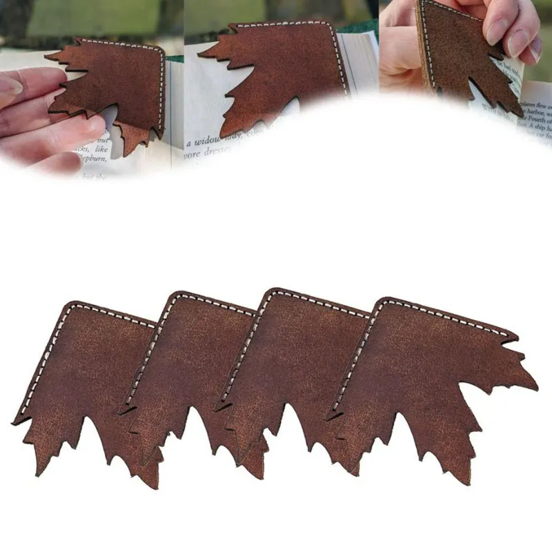 Vintage Crazy Horse Leather Maple Leaf Bookmark Handmade Stitched Page Marker For Reading Books Stationery Gift