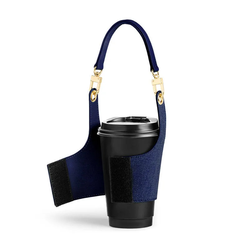 Portable PU Leather Coffee Cup Sleeve With Detachable Handle Denim Texture Reversible Drink Cup Holder Bag For Daily Office