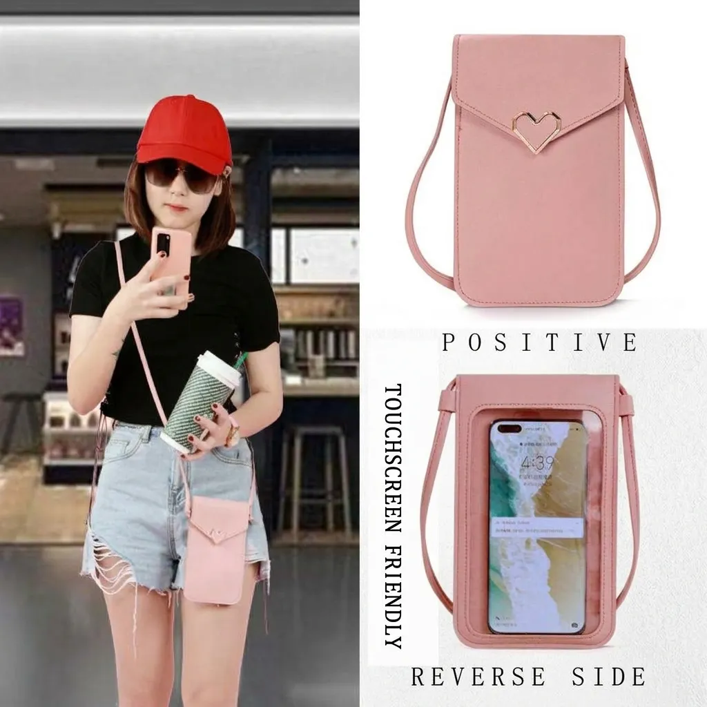 Women Mini PU Leather Cell Phone Crossbody Bag Small Cute Shoulder Purse With Touch Screen Window And Heart Metal Lock