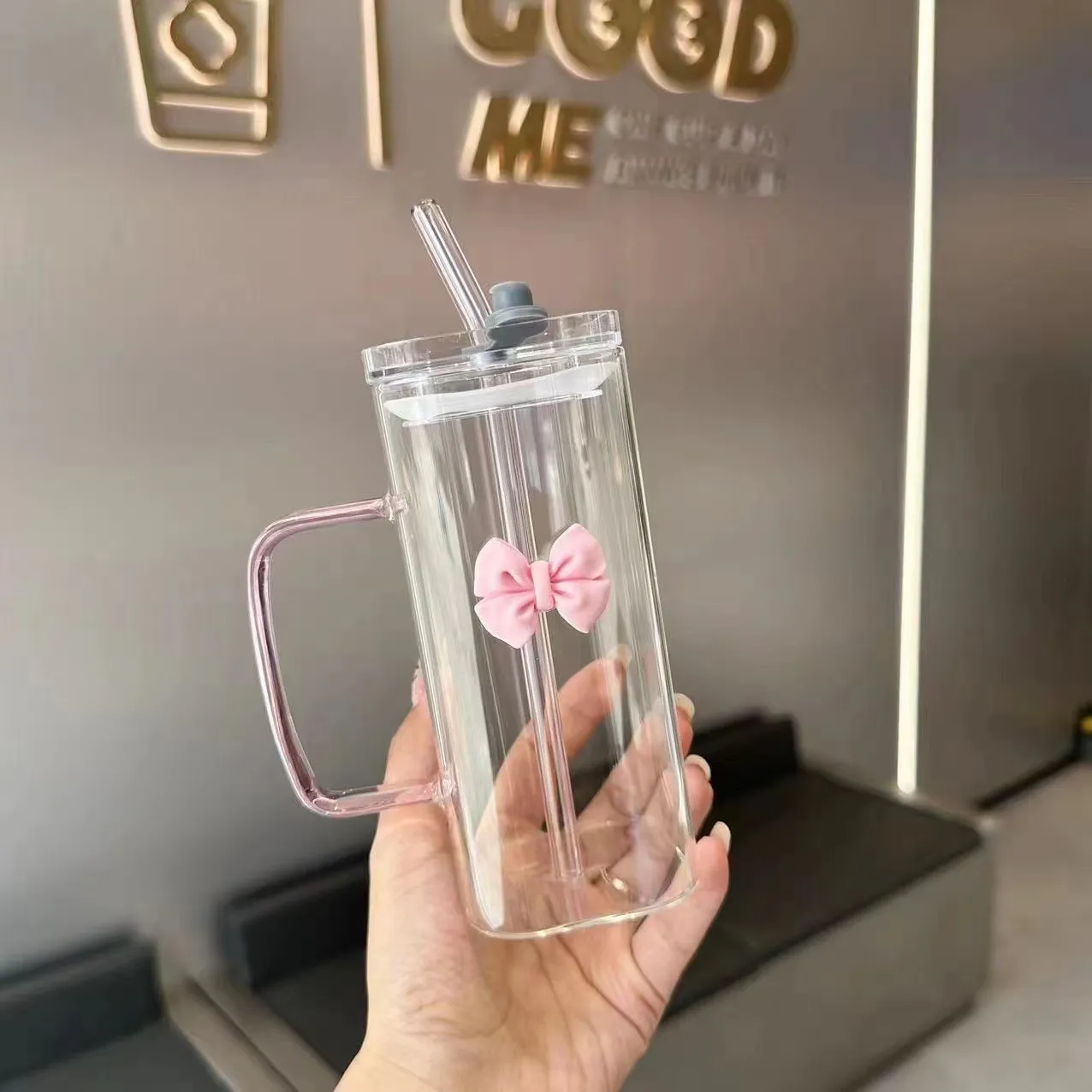 Minimalist Clear Square Glass Cup With Handle Straw And Bow Heat Resistant Tumbler For Coffee Milk Office Home Kitchen Drinkware