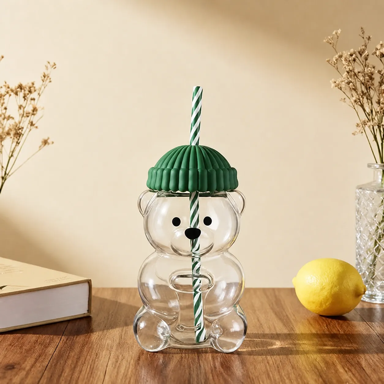 Cute Christmas Bear Glass Cup With Straw And Lid Large Capacity Borosilicate Glass Tumbler For Coffee Water