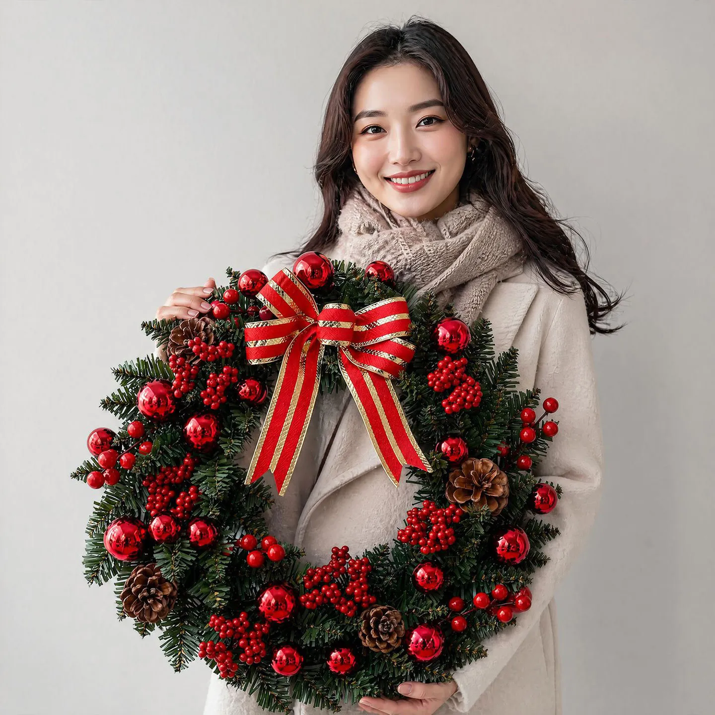 Couronne de Noël Artificielle Avec Baies Rouges Pommes de Pin Nœud Pour Porte Mur Hôtel Fenêtre Décoration de Noël