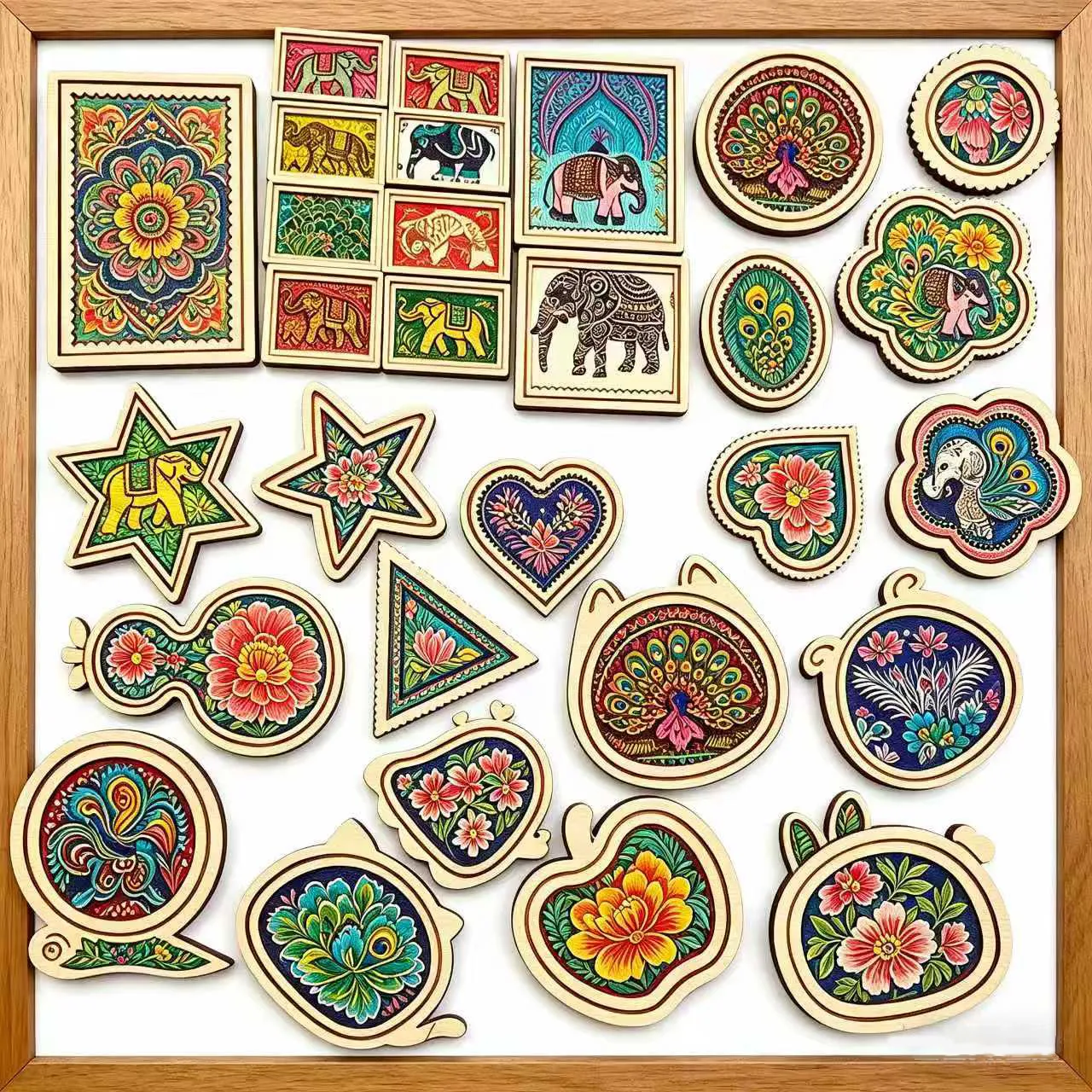 Wooden Ethnic Embroidery Fridge Magnet DIY Handmade Craft Accessories Cute Animal Floral Pattern Wooden Border Home Decor