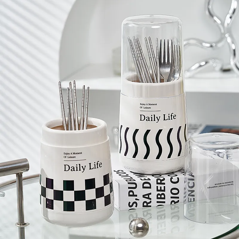 Porte-baguettes rond multifonctionnel en plastique pour cuisine, boîte de rangement de vaisselle avec couvercle anti-poussière et bac d'égouttement