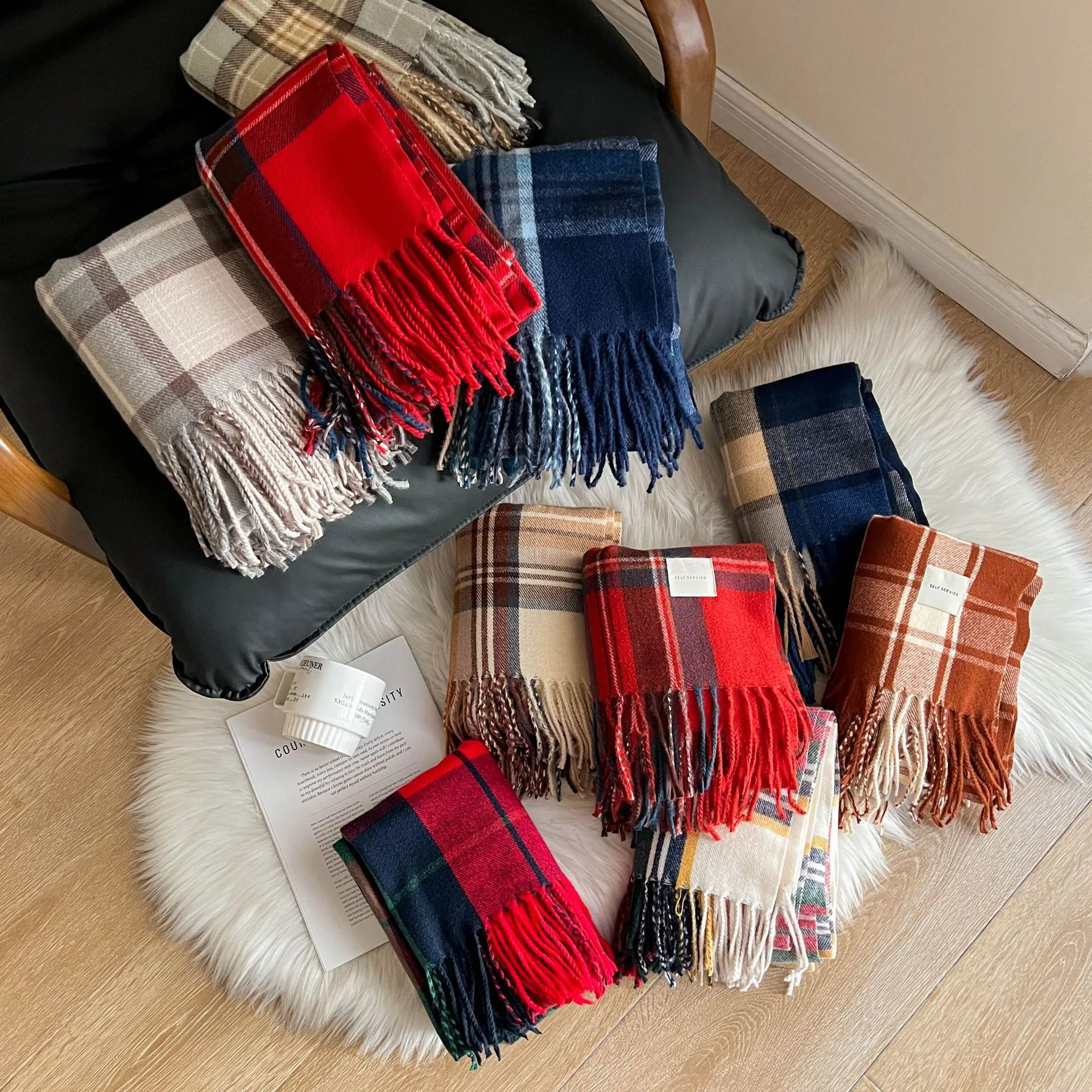 Women Winter Warm Plaid Scarf Classic Tartan Cashmere Feel Pashmina Fringe Long Shawl Casual Daily Soft Thick Neck Scarf
