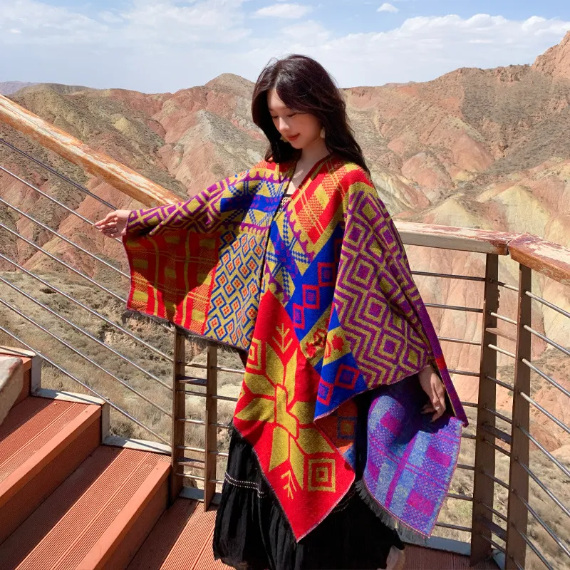 Damen Ethno Stil Bedruckter Schal Tuch Retro Geometrisches Muster Schlitz Cape Warme Winter Herbst Oberbekleidung Mode Umhang