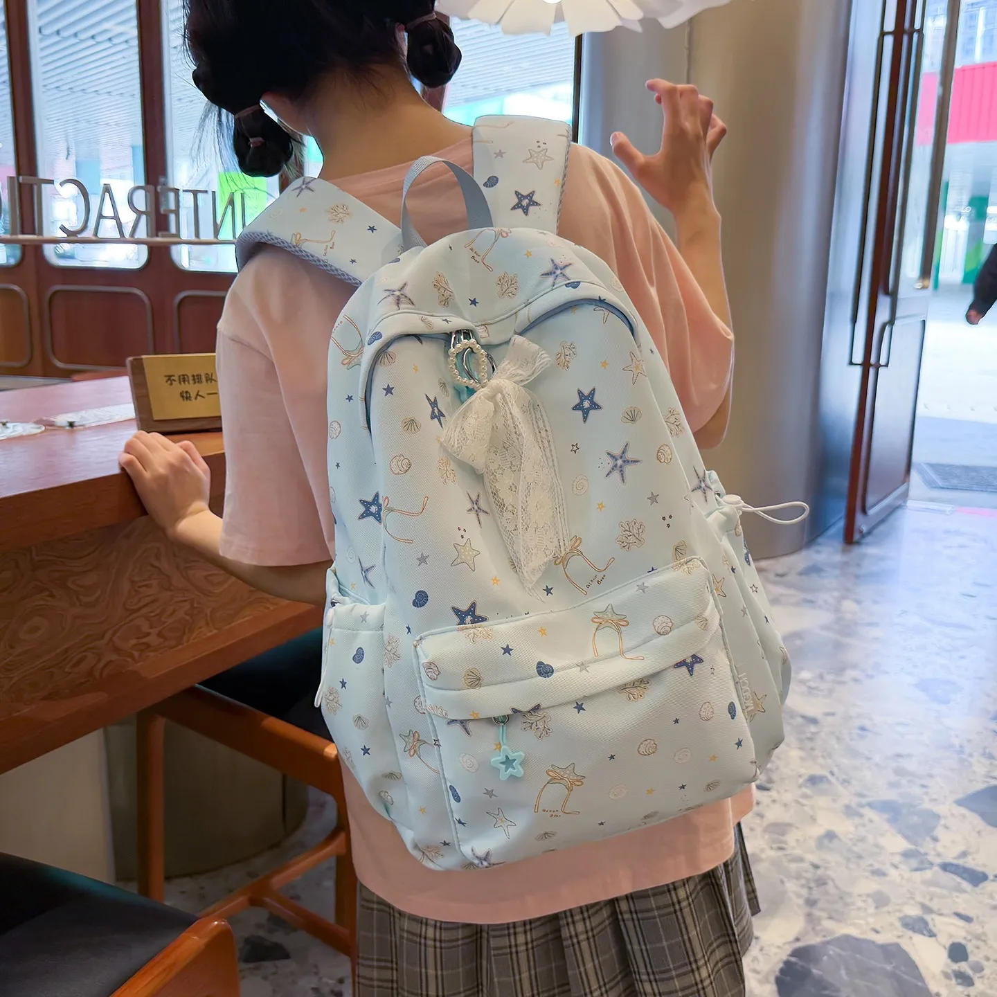 Zaino Minimalista in Nylon Casual con Stampa a Stelle Grande Capacità Borsa Scolastica per Donne Studenti Viaggio Quotidiano