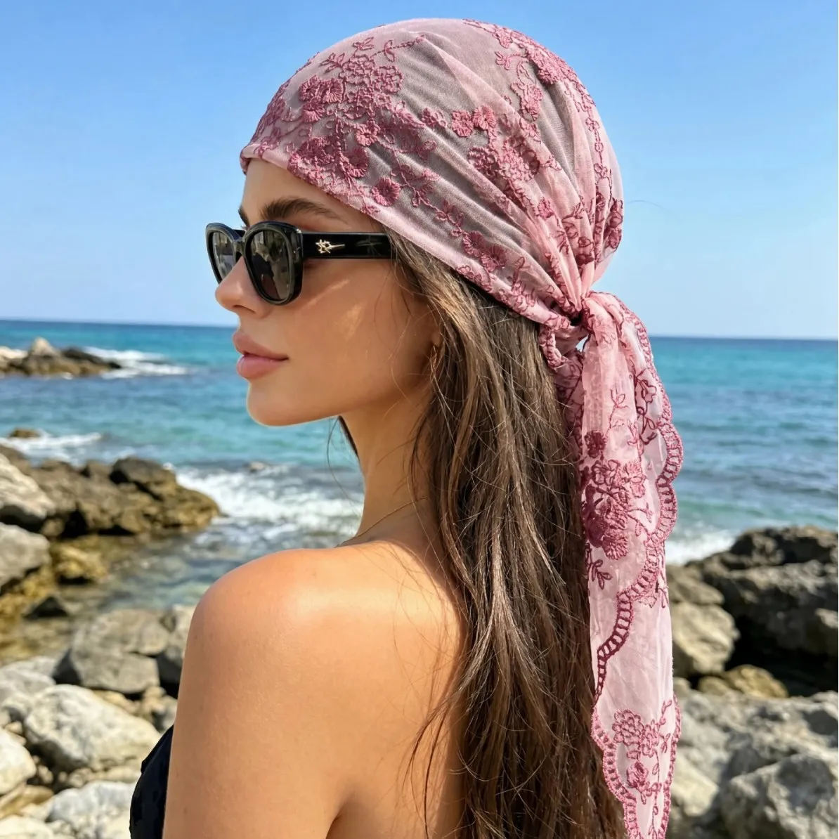 Retro Floral Embroidered Lace Headscarf Women Triangle Hair Scarf Bandana Sun Protection Shawl Head Wrap Hair Accessories